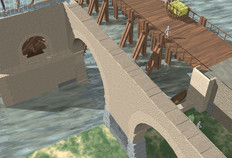 Restitution de la noria et du pont du Ier siècle, distants d'une dizaine de mètres. Les norias sont un équipement commun dans l'Antiquité pour puiser l'eau dans des rivières ou des lacs. Le diamètre de celle-ci avoisinait les 8 m, afin d'élever l'eau puisée dans le fleuve à un aqueduc haut de 5 à 6 m. La destination de l'eau est inconnue. Peut-être vers des thermes ou des installations artisanales ? Par ailleurs, de l'eau de source était conduite à Tours depuis le sud par un autre aqueduc, long d'une trentaine de kilomètres, dans la vallée du Cher.