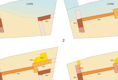Les états successifs de la culée du pont et de l'aqueduc du Ier siècle. 1. À l'est, la culée du pont (M22) ; à l'ouest, la pile de l'aqueduc (M20) et, au nord, en haut de l'image, la petite partie observée du mur de support de la noria dans le lit de la Loire. 2. Confortement de la culée du pont par l'adjonction de M27 et construction d'un mur formant le trait de rive (M26). 3. Nouveau confortement de la culée du pont par l'adjonction d'un massif de maçonnerie (M25, M28) et obturation (M23) des arcades de l'aqueduc (M20). 4. Récupération de blocs de grand appareil appartenant à l'aqueduc et au pont.