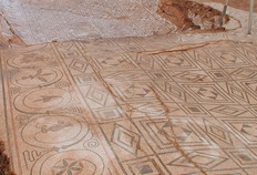 Mosa&iuml;que aux rinceaux.  Vue de la mosa&iuml;que &agrave; quadrillage de bandes (dans l'�cus secondaire G) encadr&eacute;e d'un rinceau p&eacute;riph&eacute;rique comparable &agrave; celui de la mosa&iuml;que au Neptune. La d&eacute;formation de la mosa&iuml;que est due aux tassements des remblais sous-jacents, qui comblaient une mare august&eacute;enne. 