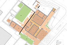 Plan g&eacute;n&eacute;ral de l'&eacute;tat 4 (reconstruction apr&egrave;s le probable incendie, soit entre 150/160 et 200). La domus aux mosa&iuml;ques est situ&eacute;e &agrave; l'est d'un mur de parcelle la s&eacute;parant du p&eacute;ristyle de la domus voisine. Elle se compose d'un p&eacute;ristyle (K/H), d'un �cus principal (E), d'une galerie avec avant-corps (D) donnant sur un jardin (AM) auquel on acc&egrave;de par un escalier ouvert sur un vestibule (I), qui dessert aussi un escalier (M) et des petites pi&egrave;ces (F, L), et de deux �ci secondaires (A, G), s&eacute;par&eacute;s par des couloirs (B, C). Sur l'arri&egrave;re, un espace non termin&eacute; (CL) est s&eacute;par&eacute; de l'�cus G par des petites pi&egrave;ces annexes (J, P, O). Les �ci (E, A, G) et la galerie sur jardin (D) sont d&eacute;cor&eacute;s de mosa&iuml;ques. 
