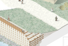 Hypoth&egrave;se de restitution axonom&eacute;trique du murus gallicus (vers 80 avant notre &egrave;re).  Rempla&ccedil;ant le mur de berge, cet ouvrage constitue l'enceinte de l'oppidum de Vesontio. Le talus de pierres et de terre qui le constitue est rigidifi&eacute; par une ossature form&eacute;e de poutres entrecrois&eacute;es, assembl&eacute;es entre elles par des fiches en fer.  L'avant du rempart est form&eacute; d'un parement de pierres s&egrave;ches, l'arri&egrave;re d'un talus gazonn&eacute;. Il devait atteindre une hauteur de 5 m environ au niveau du chemin de ronde. 