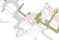 Assemblage des plans de fouilles de 1964 et 2005. Le local de chauffe des thermes, reconnaissable à son sol dallé, est encadré par des pièces chauffées, aux sols en béton de tuileau (en rose), qui peuvent être interprétées comme un tepidarium et un sudatorium. Dans la partie gauche du plan, les maçonneries grisées, fouillées en 1964, appartiennent sans doute à un grand caldarium à deux absides opposées. Plan de 2005 S. Guyot et V. Viscusi Simonin, Inrap. Plan de 1964 P. Pétrequin, Direction des Antiquités.