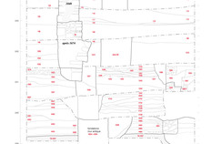 Stratigraphie cumul&eacute;e du site, des niveaux antiques aux niveaux modernes : sur une &eacute;paisseur de  5 m se succ&egrave;dent 2&nbsp;000 ans d'histoire, repr&eacute;sent&eacute;s par une succession de constructions (murs au centre), de creusement combl&eacute;s (en bas &agrave; droite), de couches de remblais (les plus fr&eacute;quentes) et de niveaux de sol (souvent sous la forme de minces d&eacute;p&ocirc;ts). Le niveau du sol a progress&eacute; de plus de 2 m durant la p&eacute;riode gallo-romaine et durant les p&eacute;riodes moderne et contemporaine, alors que les mille ans de Moyen &Acirc;ge ont produit beaucoup moins d'accumulation.