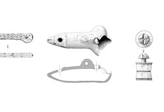 Objets&nbsp;provenant des fouilles du Palais de Justice : manche de couteau, lampe &agrave; huile ithyphallique et pi&egrave;ce d'&eacute;chec.