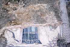 Fragment d'un panneau figur&eacute; en mosa&iuml;que d'&eacute;poque s&eacute;v&eacute;rienne (IIIe si&egrave;cle) au sujet &eacute;nigmatique : le personnage, dont seule la partie basse a &eacute;t&eacute; conserv&eacute;e, est-il un acteur en costume ou une entit&eacute; mythologique rev&ecirc;tue du long chit&ocirc;n pod&egrave;r&egrave;s (tunique traditionnelle) des acteurs&nbsp;? Le canthare (vase &agrave; vin &agrave; deux anses li&eacute; au culte de Dyonisos), figur&eacute; sur la droite de la mosa&iuml;que, semble indiquer un caract&egrave;re dionysiaque de la repr&eacute;sentation.