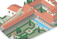Hypoth&egrave;se de restitution axonom&eacute;trique du deuxi&egrave;me &eacute;tat de la domus du Palais de Justice (fin IIe si&egrave;cle-d&eacute;but IIIe si&egrave;cle).  Un parti de &laquo;&nbsp;monumentalisation&nbsp;&raquo; du jardin y a &eacute;t&eacute; appliqu&eacute;, notamment avec la construction d'un grand bassin. La domus pouvait alors occuper une parcelle d'une surface totale de plus de 4&nbsp;600 m&sup2;.