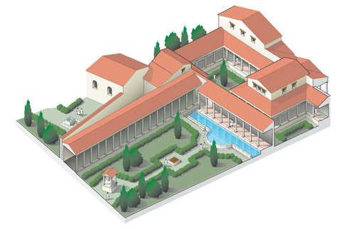 Hypoth&egrave;se de restitution axonom&eacute;trique du deuxi&egrave;me &eacute;tat de la domus du Palais de Justice (fin IIe si&egrave;cle-d&eacute;but IIIe si&egrave;cle).  Un parti de &laquo;&nbsp;monumentalisation&nbsp;&raquo; du jardin y a &eacute;t&eacute; appliqu&eacute;, notamment avec la construction d'un grand bassin. La domus pouvait alors occuper une parcelle d'une surface totale de plus de 4&nbsp;600 m&sup2;. &copy; Ch. Gaston, Inrap