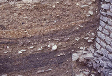Vue de d&eacute;tail d'une stratigraphie situ&eacute;e perpendiculairement &agrave; un mur antique.  On y observe le remblaiement du site et la succession des niveaux de sol en terre battue datant du Ier si&egrave;cle de notre &egrave;re.