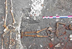 Tombes m&eacute;di&eacute;vales de l'&eacute;tablissement hospitalier de Sainte-Brigitte.  La plus profonde, creus&eacute;e dans des remblais dont les pierres et les fragments de tuiles sont visibles, est dat&eacute;e du XIIIe si&egrave;cle.
