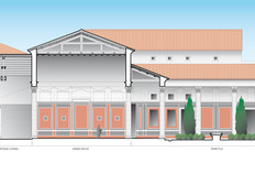 Hypoth&egrave;se de restitution de la domus aux mosa&iuml;ques (coupe sud-ouest/nord-est) avec, de gauche &agrave; droite : le p&eacute;ristyle (500 m2), l'�cus principal (200 m2), la galerie sur jardin et son avant-corps dominant le bassin. 