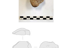 Outil en gr&egrave;s &agrave; plan de fracture &eacute;mouss&eacute; trouv&eacute; dans la Structure 12.  Le Cochon, Bavelincourt (Somme), 2013.