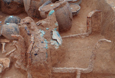 D&eacute;tail des landiers en fer.  La figuration de t&ecirc;tes d'oiseau (oie ?) est plus courante en Picardie que celle de taureaux, attest&eacute;e dans d'autres r&eacute;gions limitrophes.  Au Chemin de la Pierre, Aubigny (Somme), 2013.