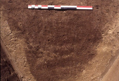 Profil stratigraphique du foss&eacute;.  La succession des strates associ&eacute;e &agrave; la granulom&eacute;trie des s&eacute;diments permet de restituer l'histoire du comblement de la structure.  Au Chemin de la Pierre, Aubigny (Somme), 1997.