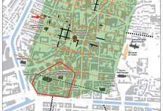 Localisation du site sur le quadrillage que formaient les rues de de la ville antique.  52-56 6 rue Robelin, Rennes (Ille et Vilaine), 2019.  &copy; Arnaud Desfonds, St&eacute;phane Jean, Ga&eacute;tan Le Cloirec et Dominique Pouille, Inrap&nbsp;; Thierry Lorho, SRA