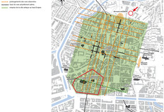 Localisation du site dans le quadrillage que formaient les rues de la ville antique  61-65, rue d'Antrain, Rennes (Ille-et-Vilaine), 2023  &copy; Arnaud Desfonds, St&eacute;phane Jean, Ga&eacute;tan Le&nbsp;Cloirec et Dominique Pouille, Inrap&nbsp;; Thierry Lorho, SRA