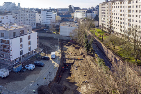 Vue d'ensemble de la fouille depuis le nord  61-65, rue d'Antrain, Rennes (Ille-et-Vilaine), 2023  &copy; Inrap 