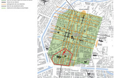 Localisation du site dans le quadrillage que formaient les rues de la ville antique 9, rue de la Monnaie, Rennes (Ille-et-Vilaine), 2019 © Arnaud Desfonds, Stéphane Jean, Gaétan Le Cloirec et Dominique Pouille, Inrap ; Thierry Lorho, SRA