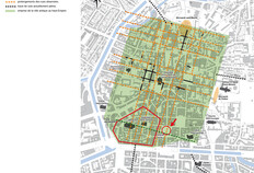 Localisation du site dans le quadrillage que formaient les rues de la ville antique Place de la Mairie, Rennes (Ille-et-Vilaine), 2022 © Arnaud Desfonds, Stéphane Jean, Gaétan Le Cloirec et Dominique Pouille, Inrap ; Thierry Lorho, SRA