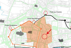 Situation du site sur le plan récapitulant les systèmes de fortification sur la trame du cadastre napoléonien, qui n'a presque pas changé depuis la reconstruction du milieu du XVIIIe siècle. Pour la zone incendiée en 1720 (en orange), le découpage en parcelles, modifié à partir de 1726, est restitué d'après un plan de 1722. Place de la Mairie, Rennes (Ille-et-Vilaine), 2022 © Laurent Beuchet, Arnaud Desfonds, Stéphane Jean, Gaétan Le Cloirec et Dominique Pouille, Inrap ; Thierry Lorho, SRA