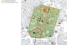 Localisation du site dans le quadrillage que formaient les rues de la ville antique  H&ocirc;tel-Dieu, Rennes (Ille-et-Vilaine), 2022, 2024  &copy; Arnaud Desfonds, St&eacute;phane Jean, Ga&eacute;tan Le&nbsp;Cloirec et Dominique Pouille, Inrap&nbsp;; Thierry Lorho, SRA