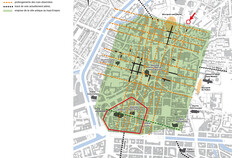 Localisation du site dans le quadrillage que formaient les rues de la ville antique  61-65, rue d'Antrain, Rennes (Ille-et-Vilaine), 2019  &copy; Arnaud Desfonds, St&eacute;phane Jean, Ga&eacute;tan Le&nbsp;Cloirec et Dominique Pouille, Inrap&nbsp;; Thierry Lorho, SRA