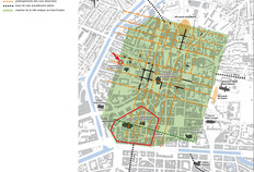 Localisation du site dans le quadrillage que formaient les rues de la ville antique 4, 4b et 6, rue de Cassard, Rennes (Ille-et-Vilaine), 2023 © Arnaud Desfonds, Stéphane Jean, Gaétan Le Cloirec et Dominique Pouille, Inrap ; Thierry Lorho, SRA