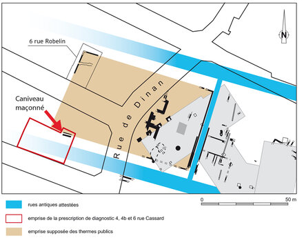 Positionnement du caniveau par rapport aux thermes publics voisins 4, 4b et 6, rue de Cassard, Rennes (Ille-et-Vilaine), 2023 © Gaétan Le Cloirec, Inrap