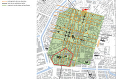Localisation du site dans le quadrillage que formaient les rues de la ville antique  Parc des Tanneurs, Rennes (Ille-et-Vilaine), 2017/2018  &copy; Arnaud Desfonds, St&eacute;phane Jean, Ga&eacute;tan Le&nbsp;Cloirec et Dominique Pouille, Inrap&nbsp;; Thierry Lorho, SRA