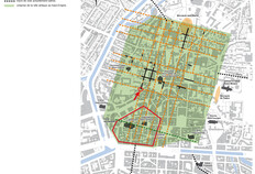 Localisation du site dans le quadrillage que formaient les rues de la ville antique  10-12, rue Saint-Louis, Rennes (Ille-et-Vilaine)&nbsp;: fouille compl&eacute;mentaire, 2021  &copy; Arnaud Desfonds, St&eacute;phane Jean, Ga&eacute;tan Le&nbsp;Cloirec et Dominique Pouille, Inrap&nbsp;; Thierry Lorho, SRA