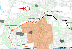 Localisation du site sur le plan r&eacute;capitulant les syst&egrave;mes de fortification successifs sur la trame du cadastre napol&eacute;onien.  Cette derni&egrave;re n'a quasiment pas chang&eacute; depuis la reconstruction du milieu du XVIIIe&nbsp;si&egrave;cle.  10-12, rue Saint-Louis, Rennes (Ille-et-Vilaine)&nbsp;: fouille compl&eacute;mentaire, 2021  &copy; Laurent Beuchet, Arnaud Desfonds, St&eacute;phane Jean, Ga&eacute;tan Le&nbsp;Cloirec et Dominique Pouille, Inrap&nbsp;; Thierry Lorho, SRA