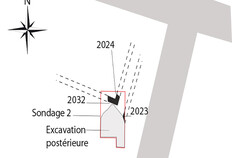 Positionnement des vestiges de l'angle du b&acirc;timent monumental mis en &eacute;vidence par rapport aux chauss&eacute;es voisines  Place Sainte-Anne, Rennes (Ille-et-Vilaine), 2017/2018  &copy; Dominique Pouille, Inrap