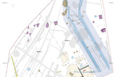 Plan d'ensemble Principaux vestiges de la période antique mis au jour. Reims, boulevard Jules-César, îlot B3 (Marne), 2019. © Magalie Cavé, Inrap