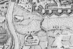 Vue de l'abbaye de Beaumont par rapport à la ville de Tours en 1619 (Source : Carte de Siette, Gallica, bibliothèque numérique de la Bibliothèque Nationale)