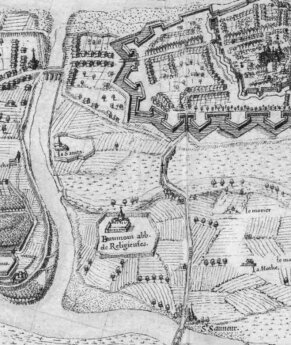 Vue de l'abbaye de Beaumont par rapport à la ville de Tours en 1619 (Source : Carte de Siette, Gallica, bibliothèque numérique de la Bibliothèque Nationale)