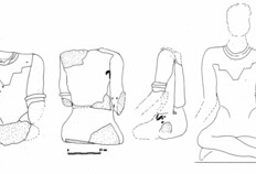 Relev&eacute; des traces de couleur (indiqu&eacute;es en noir) sur le buste vu de face, de dos et de profil, avec restitution sch&eacute;matique.  Impasse Boissier/quai Georges-Cl&eacute;menceau  &copy; Alix Barbet (CNRS)