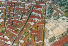Aquarelle de Jean-Claude Golvin, restituant le quartier d'habitat de &laquo; Villa Roma &raquo;, au Ier si&egrave;cle apr&egrave;s J.-C., voisin du temple de Diane appartenant au sanctuaire de la Fontaine (&agrave; droite sur l'image.  Impasse Boissier/quai Georges-Cl&eacute;menceau  &copy; Jean-Claude Golvin