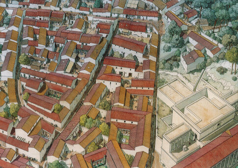 Aquarelle de Jean-Claude Golvin, restituant le quartier d'habitat de &laquo; Villa Roma &raquo;, au Ier si&egrave;cle apr&egrave;s J.-C., voisin du temple de Diane appartenant au sanctuaire de la Fontaine (&agrave; droite sur l'image.  Impasse Boissier/quai Georges-Cl&eacute;menceau  &copy; Jean-Claude Golvin 