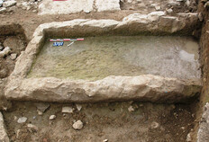 Bassin d'une fontaine publique romaine install&eacute;e en bordure de rue.  Parking Jean-Jaur&egrave;s, N&icirc;mes (Gard), 2007 