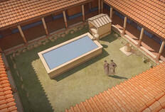 Evocation de la cour de la domus&nbsp;aux mosa&iuml;ques (p&eacute;ristyle, cour, bassin, laraire)&nbsp;; Extrait du film &laquo;&nbsp;promenade &agrave; Nemausus&nbsp;&raquo;  Parking Jean-Jaur&egrave;s, N&icirc;mes (Gard), 2007 