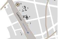&Eacute;vocation du quartier de l'avenue Pompidou &agrave; N&icirc;mes aux VIIIe/XIIe si&egrave;cles  1. Porte du rempart romain en arrivant d'Espagne. Elle est transform&eacute;e en place forte &agrave; l'&eacute;poque m&eacute;di&eacute;vale (Castrum de Porta Spana)&nbsp;; 2, 3, 4 et 5. Fosses d'ensilage m&eacute;di&eacute;vales&nbsp;; 6.&nbsp;Emplacement suppos&eacute; du moulin de porta Spana&nbsp;; 7. Chemin m&eacute;di&eacute;val perp&eacute;tuant un tron&ccedil;on de la voie Domitienne&nbsp;; 8. Chemin vers la colline de Montaury.  &copy; Bertrand Houix, Inrap