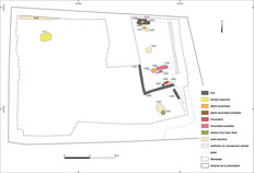 Plan de r&eacute;partition des groupes fun&eacute;raires du Ier s. de notre &egrave;re et des diff&eacute;rents types de structures.  1 bis rue de l'Abattoir, N&icirc;mes (Gard), 2022  &copy;&nbsp;Lev&eacute; topographie A. Farge, SIG et infographie J. Grimaud, Inrap