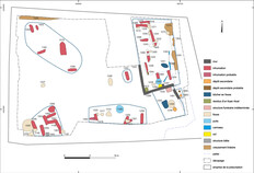 Plan des structures du IIe s. de notre &egrave;re et localisation des diff&eacute;rents secteurs fun&eacute;raires.  1 bis rue de l'Abattoir, N&icirc;mes (Gard), 2022  &copy;&nbsp;Lev&eacute; topographie A. Farge, SIG et infographie J. Grimaud, Inrap