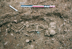 Inhumation d'enfant d'&acirc;ge p&eacute;rinatal contenant un d&eacute;p&ocirc;t de monnaie, fin Ier s.-IIe si&egrave;cle apr&egrave;s J.-C. Ce d&eacute;p&ocirc;t, interpr&eacute;t&eacute; comme une obole &agrave; Charon, est assez fr&eacute;quent dans les tombes de tr&egrave;s jeunes enfants.&nbsp;78 avenue Jean-Jaur&egrave;s, N&icirc;mes (Gard), 2003.  &copy; Vincent Belbenoit, Inrap