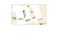 Plan des vestiges des habitations ant&eacute;rieures au forum.  En gris, les rues antiques ; en jaune, les sols en mosa&iuml;que.  Parvis de la Maison Carr&eacute;e, N&icirc;mes (Gard), 1991  &copy; Martial Monteil, Nantes Universit&eacute;