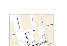 Plan des vestiges du premier forum, laiss&eacute; inachev&eacute; pour faire place au forum d&eacute;finitif auquel appartient la Maison Carr&eacute;e.  Parvis de la Maison Carr&eacute;e, N&icirc;mes (Gard), 1991  &copy; Martial Monteil, Nantes Universit&eacute;