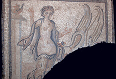 &laquo;&nbsp;Fontaine des B&eacute;n&eacute;dictins&nbsp;&raquo;, mosa&iuml;que de L&eacute;da s&eacute;duite par Jupiter m&eacute;tamorphos&eacute; en cygne, collection Mus&eacute;e de la Romanit&eacute;.  Fontaine des B&eacute;n&eacute;dictins, N&icirc;mes (Gard), 1982  &copy; Bertrand Houix, Inrap