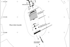 Plan cumul&eacute; des vestiges du IVe si&egrave;cle avant J.-C. au Ier si&egrave;cle apr&egrave;s J.-C.  Place Jules-Guesde, N&icirc;mes (Gard), 1987  &copy; Martial Monteil, Nantes Universit&eacute;