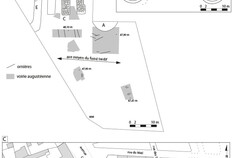 Fouille « Jean-Lasserre ». A = plan des fondations de la porte et vestiges de l'esplanade empierrée ; B = plan de la porte d'Auguste calqué sur les fondations de celle du Cadereau ; C = position de la porte et des vestiges d'enceinte voisins dans le parcellaire actuel (M. Monteil del., avec l'aide de relevés de P. Varène). © Martial Monteil, Nantes Université