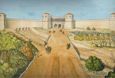 L'arrivée à Nîmes de la voie Domitienne par la porte d'Espagne. Aquarelle de Jean-Claude Golvin d'après les résultats de la fouille « Jean-Lasserre », restituant la façade extérieure de la porte d'Espagne à l'image de la porte d'Auguste. Le monument apparaît au fond d'un rentrant en demi-lune. On note à l'est de à l'ouest la sortie du Cadereau au travers de cinq arceaux aménagés au bas de la courtine. © Jean-Claude Golvin