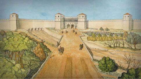 L'arrivée à Nîmes de la voie Domitienne par la porte d'Espagne. Aquarelle de Jean-Claude Golvin d'après les résultats de la fouille « Jean-Lasserre », restituant la façade extérieure de la porte d'Espagne à l'image de la porte d'Auguste. Le monument apparaît au fond d'un rentrant en demi-lune. On note à l'est de à l'ouest la sortie du Cadereau au travers de cinq arceaux aménagés au bas de la courtine. © Jean-Claude Golvin